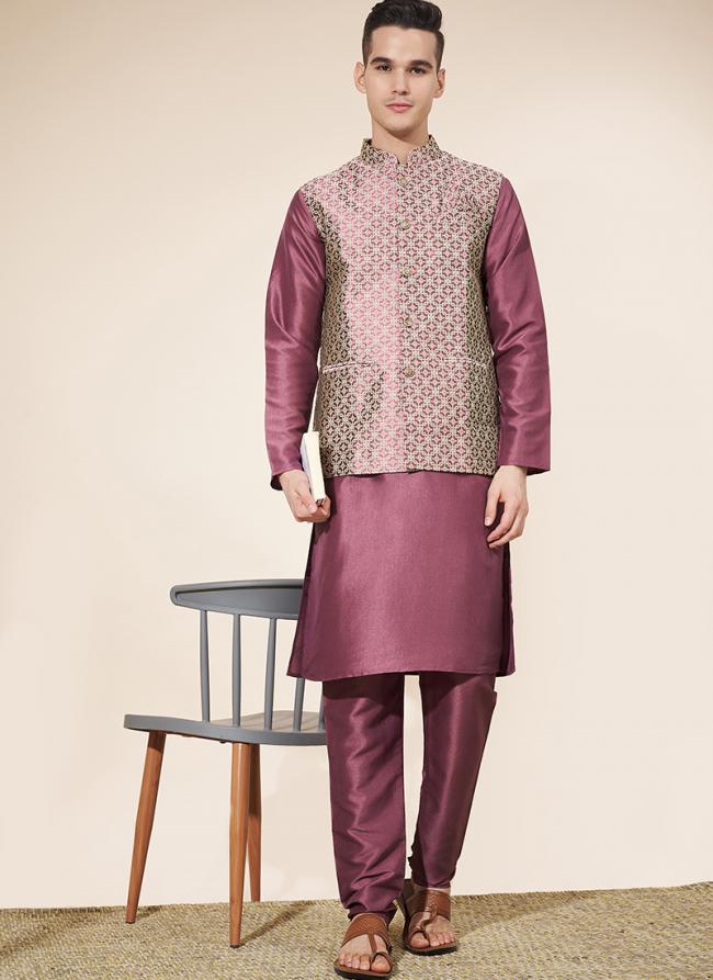 Pure Silk Pink Wedding Wear Printed Readymade Modi Jacket Kurta Pajama